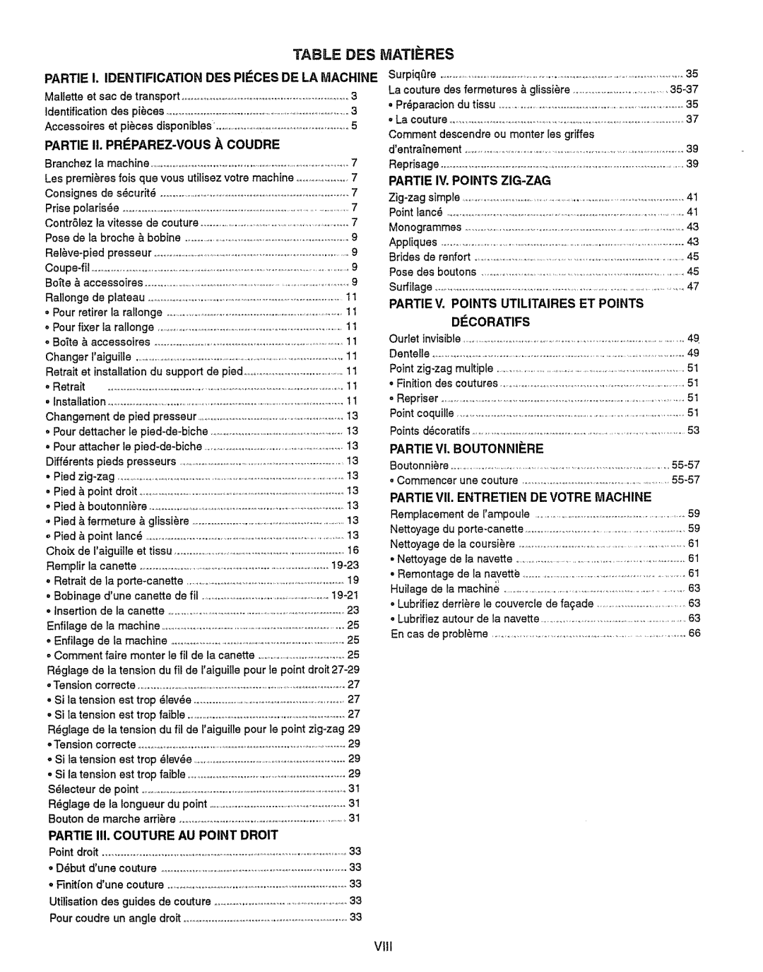 Kenmore 385.151082 owner manual Table DES MATllbRES, Partie IV. Points ZlG-ZAG, Vlll 