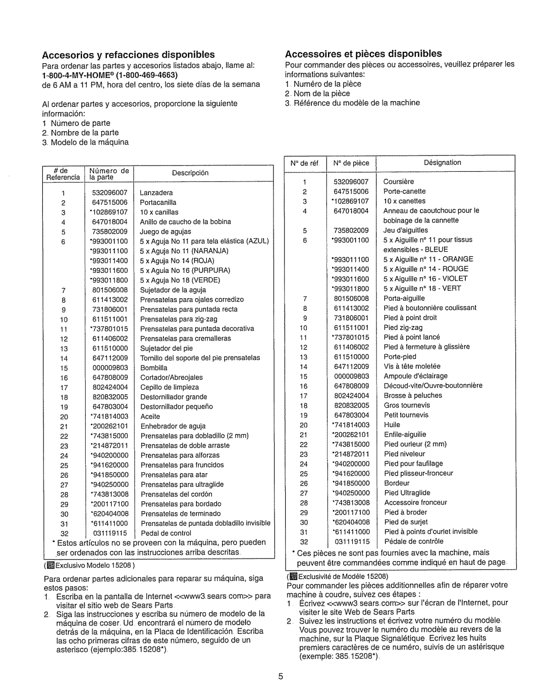 Kenmore 385.15208 owner manual Accesorios y refacciones disponibles, Accessoires et pibces disponibles 
