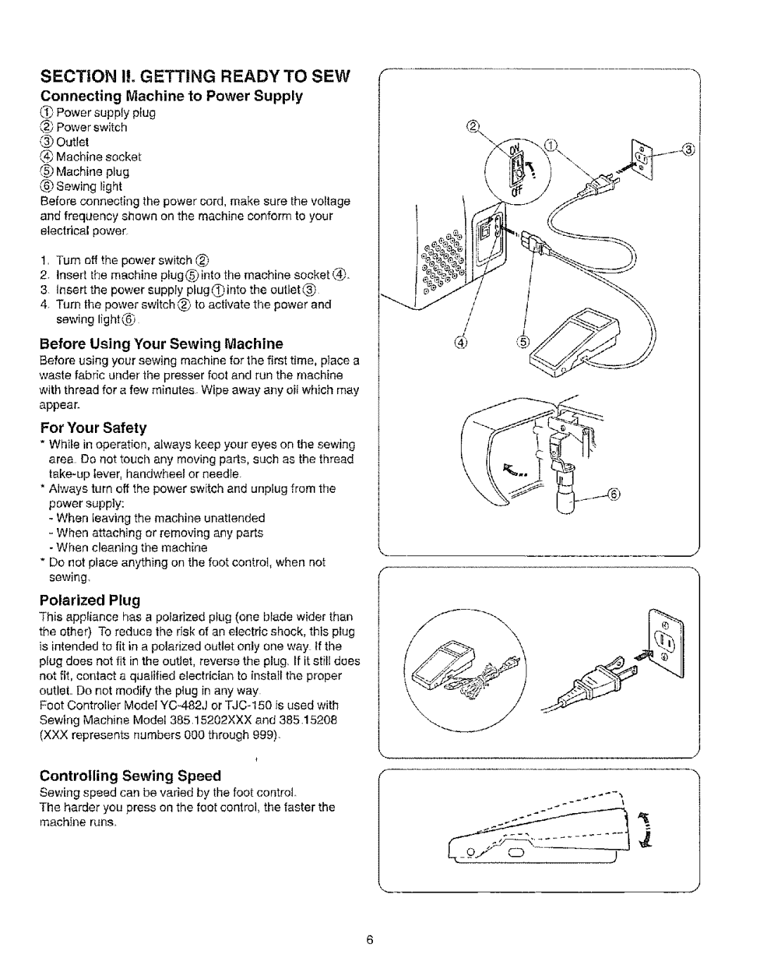 Kenmore 385.15208 Connecting Machine to Power Supply, Before Using Your Sewing Machine, For Your Safety, Polarized Plug 