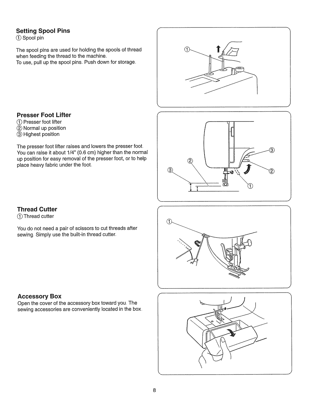 Kenmore 385.15208 owner manual Setting Spool Pins, Thread Cutter, Thread cutter, Accessory Box, Presser Foot Lifter 