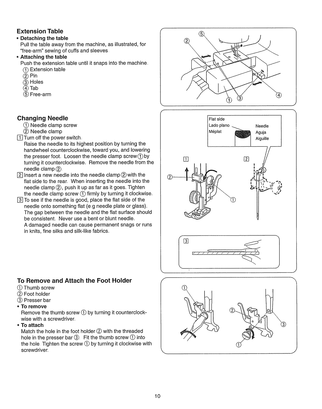 Kenmore 385.15208 owner manual Extension Table, Changing Needle, To Remove and Attach the Foot Holder, Detaching the table 