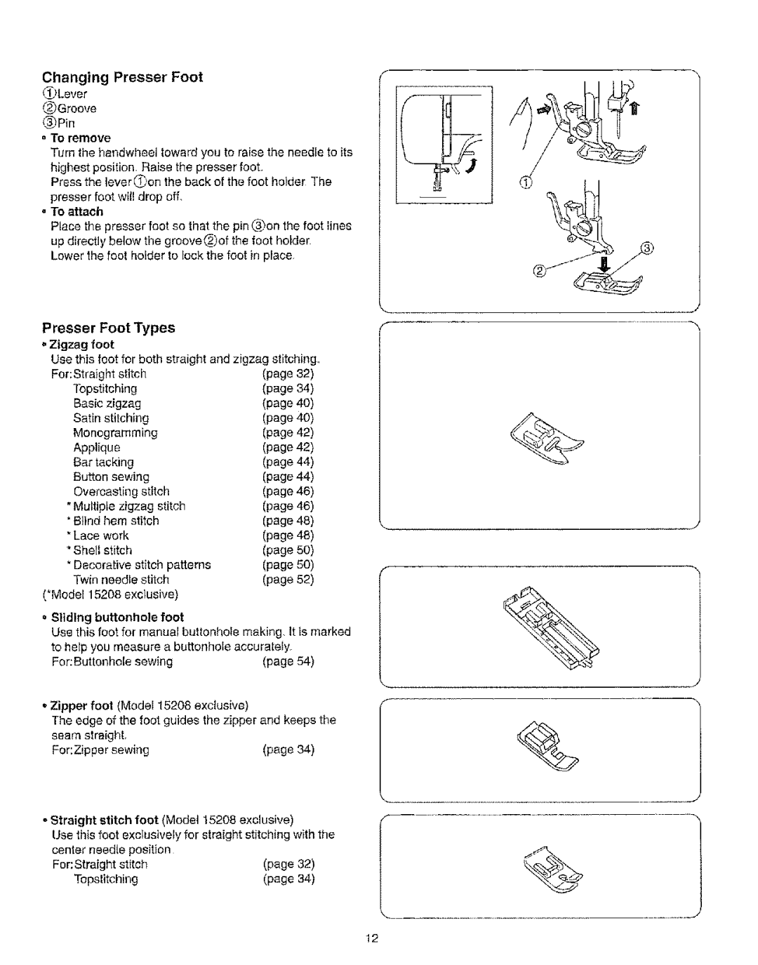 Kenmore 385.15208 Presser Foot Types, Changing Presser Foot, Zigzag foot, ForStraight Stitch Topstitching Basic 