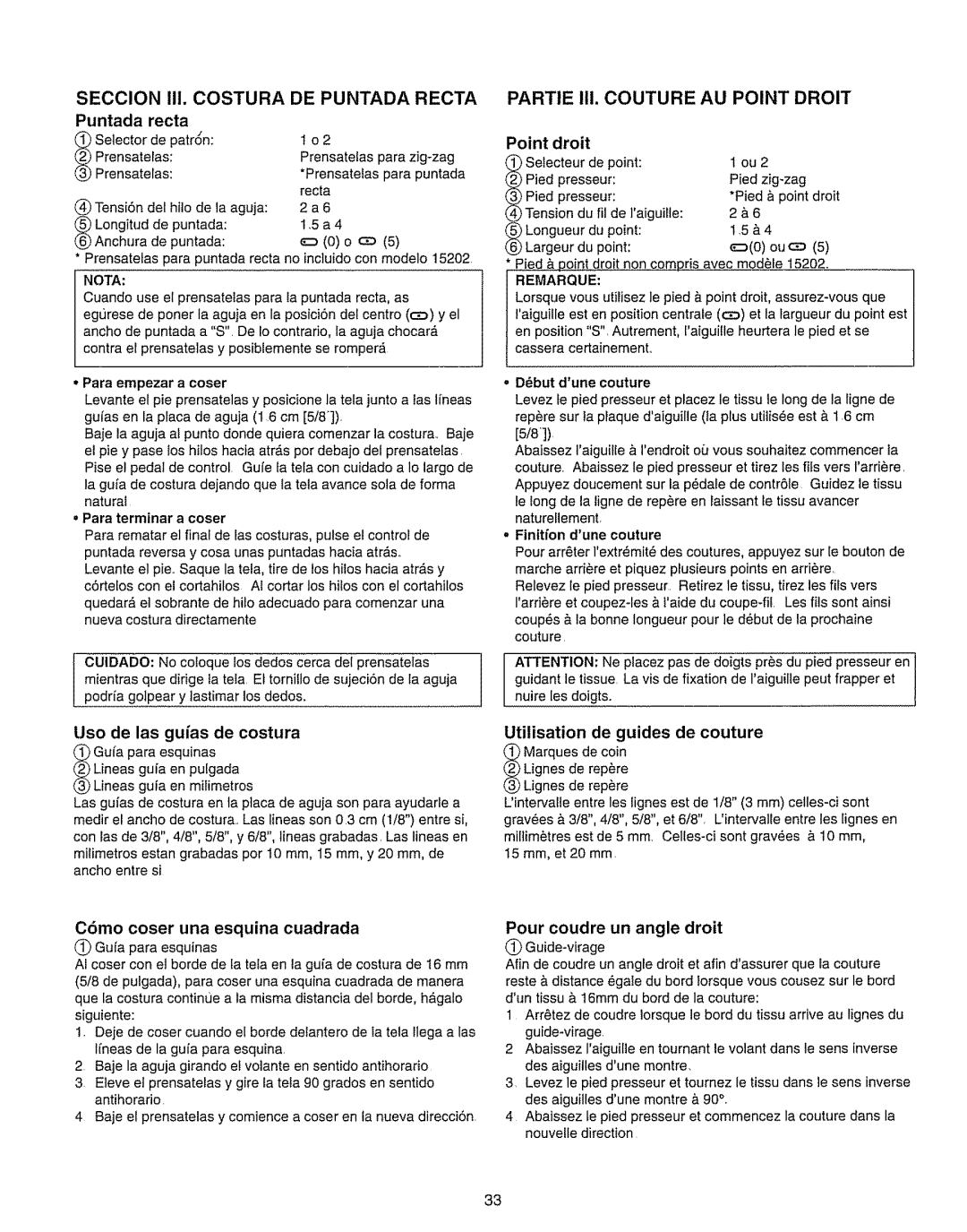 Kenmore 385.15208 Seccion III. Costura DE Puntada Recta, Partie III. Couture AU Point Droit, Uso de las guias de costura 