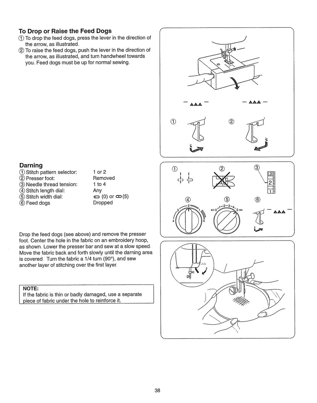 Kenmore 385.15208 To Drop or Raise the Feed Dogs, Darning, Stitch Pattern Selector Or2 Presser Foot Removed Needle 