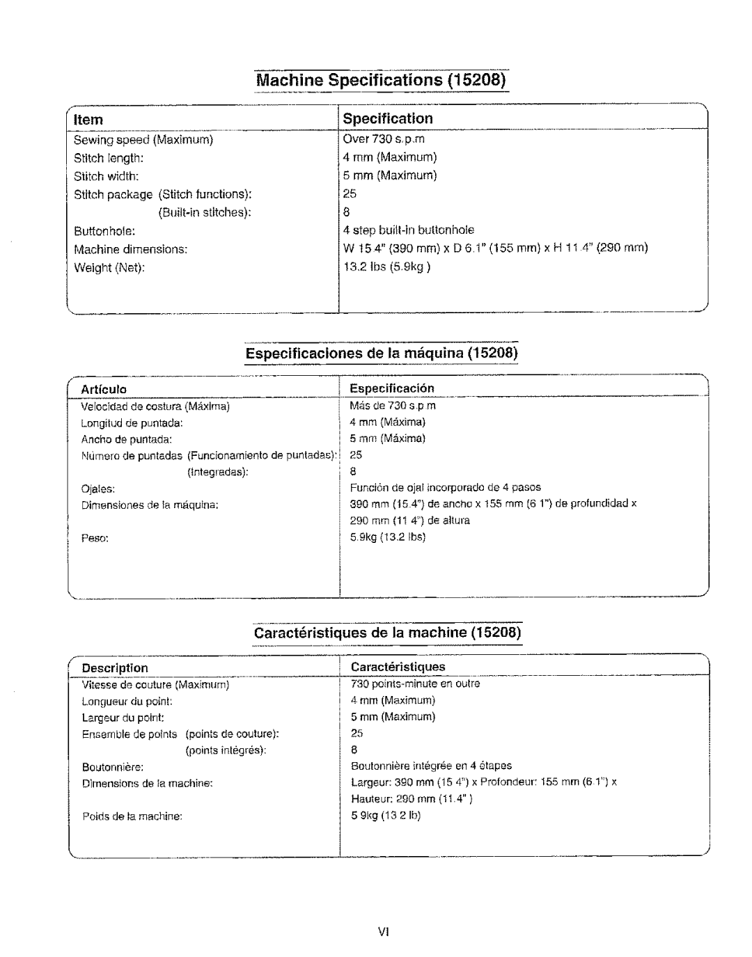 Kenmore 385.15208 Specification, Especificaciones de la mquina, Caractristiques de la machine, Artlculo Especificaci6n 