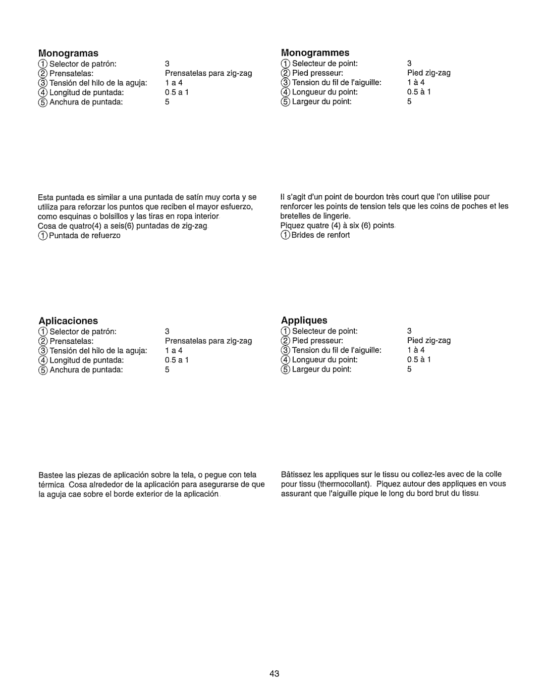 Kenmore 385.15208 owner manual Monogramas, Appliques, Monogrammes, Aplicaciones, De point 