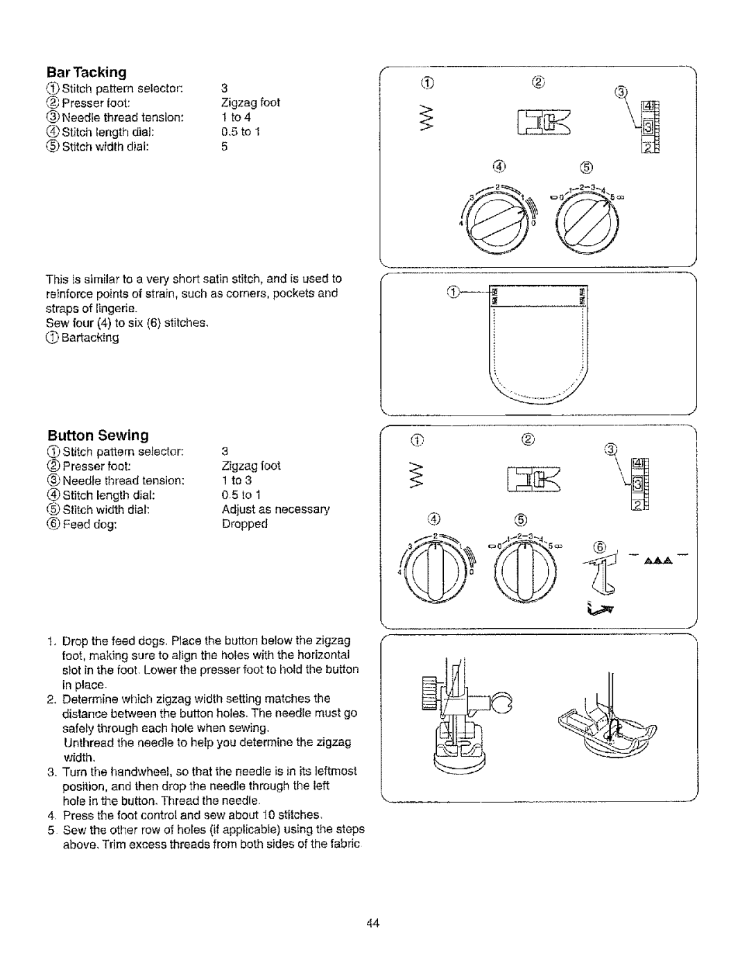 Kenmore 385.15208 owner manual Bar Tacking, Button Sewing 