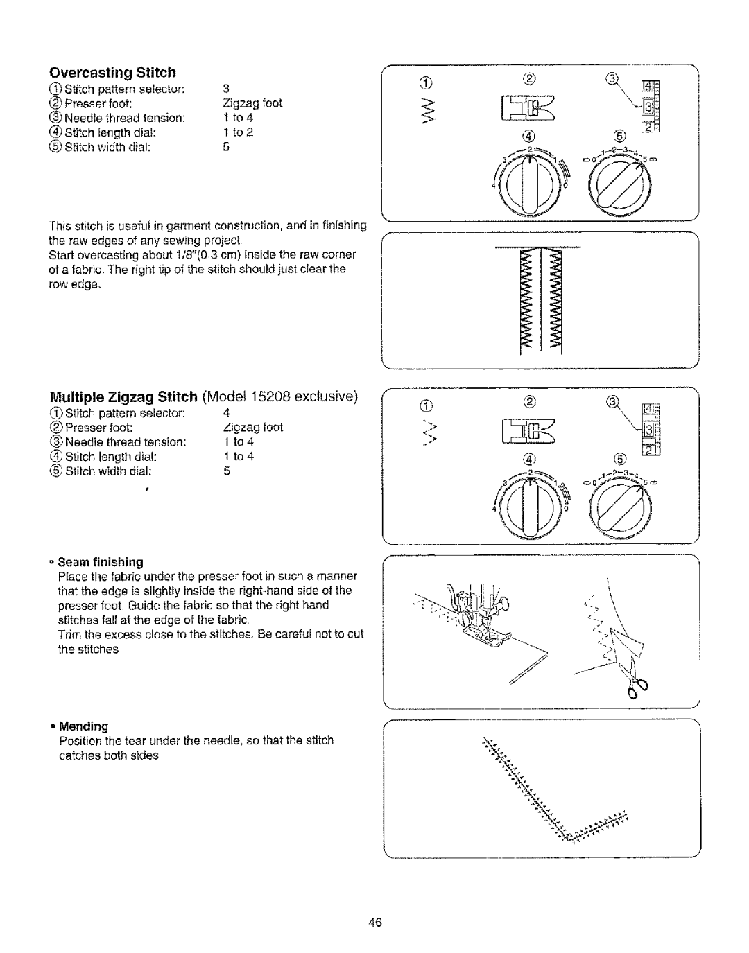 Kenmore 385.15208 owner manual Overcasting Stitch, Multiple Zigzag Stitch Model 15208 exclusive, Mending 