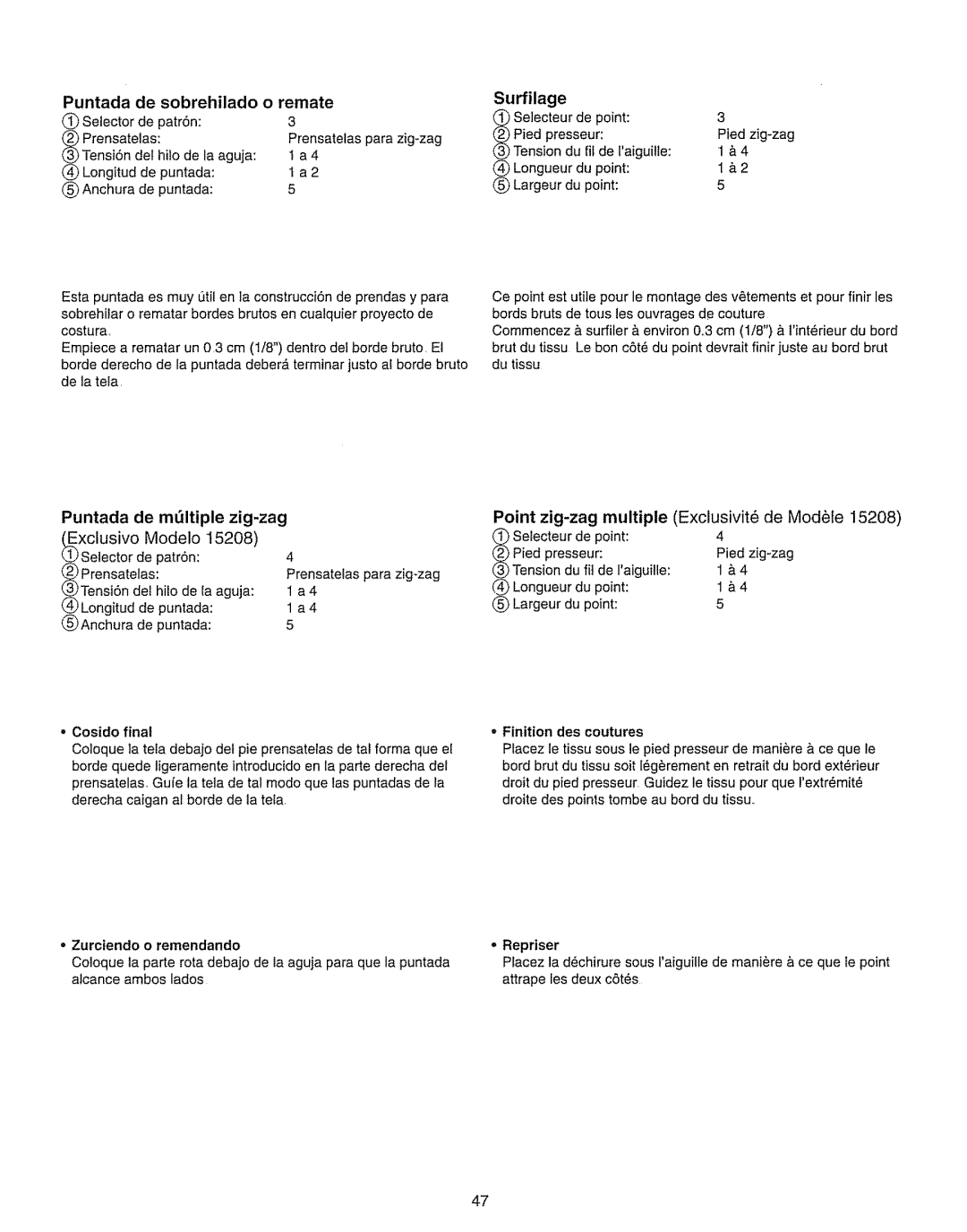 Kenmore 385.15208 owner manual Surfilage, Remate, Puntada de multiple zig-zag 