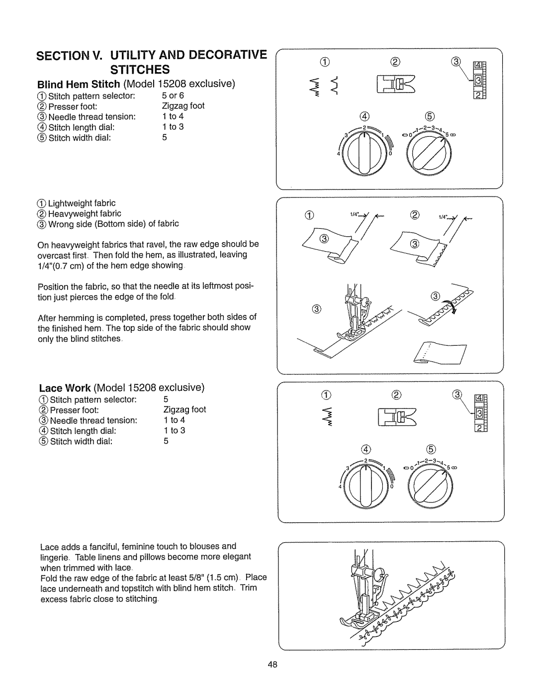 Kenmore 385.15208 owner manual Blind Hem Stitch Model 15208 exclusive, Lace Work Model t5208 exclusive 