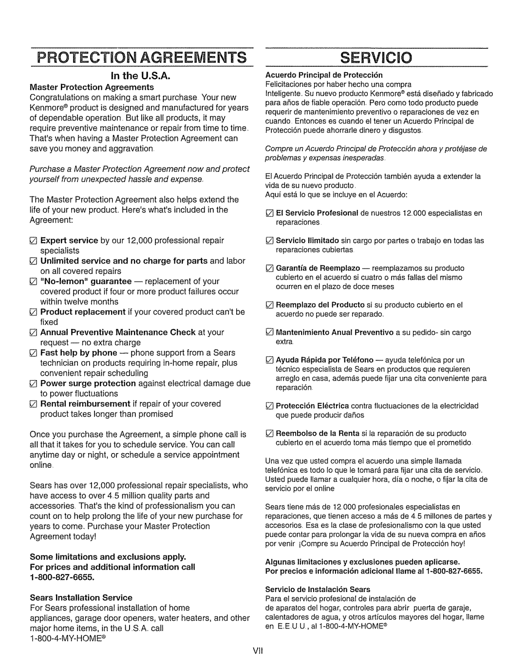 Kenmore 385.15208 U.S.A, Sears installation Service, Vii, Master Protection Agreements, Acuerdo Principal de Protecci6n 