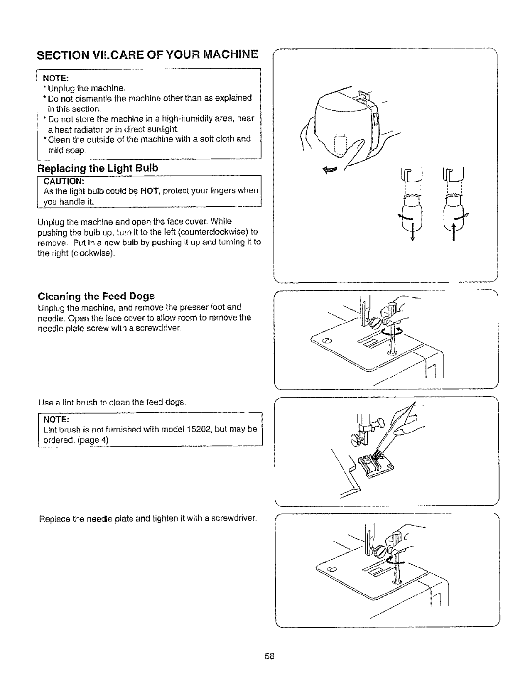 Kenmore 385.15208 owner manual Replacing the Light Bulb, Cleaning the Feed Dogs 