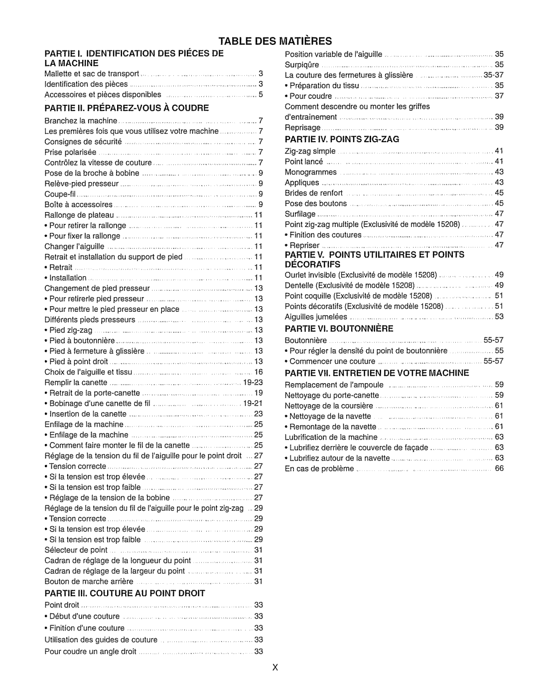 Kenmore 385.15208 owner manual Table DES Matieres, Pied, Partie VI. BOUTONNIiRE 