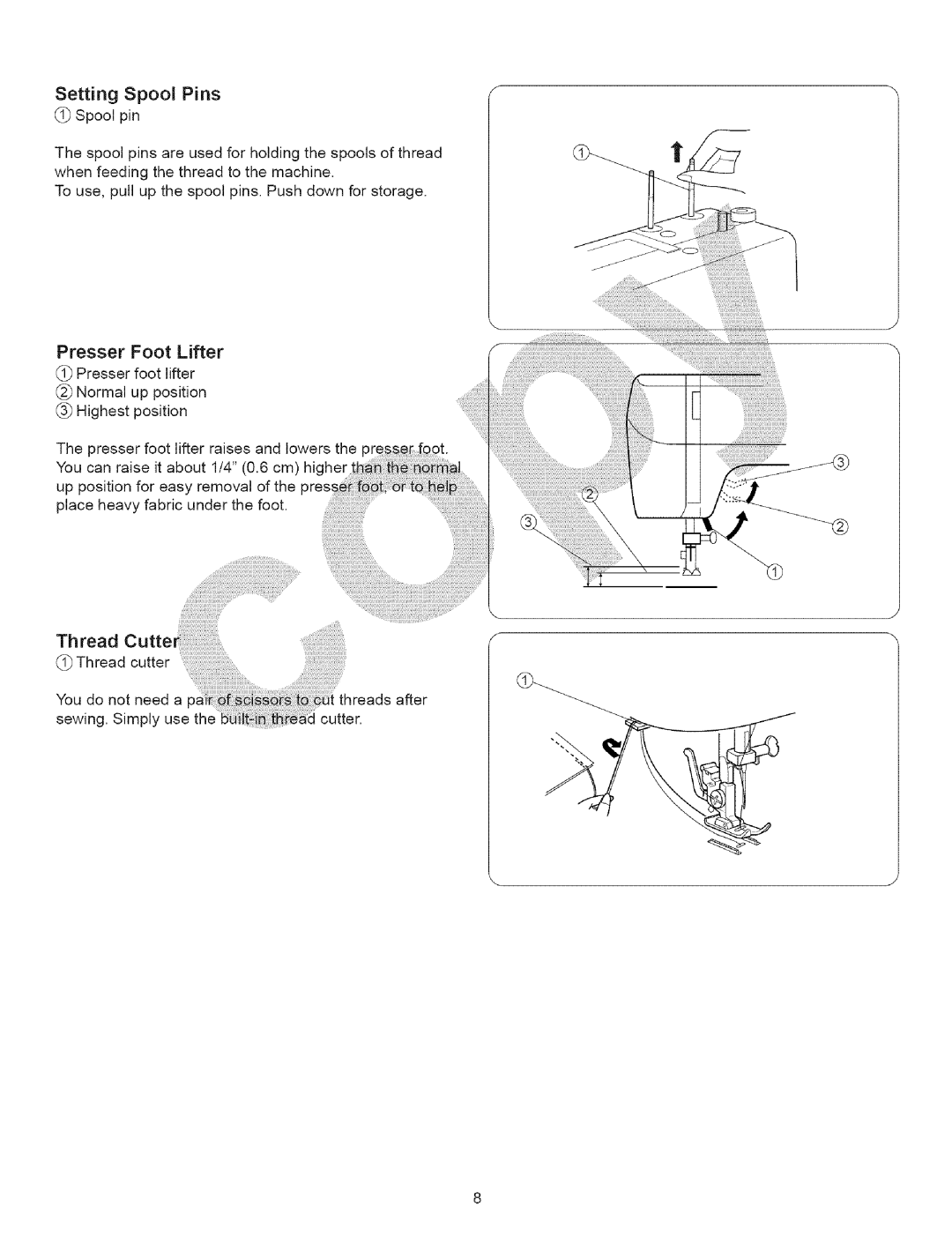 Kenmore 385.15243, 385.15343 owner manual Setting Spool Pins, Presser Foot Lifter, Thread Cutter 