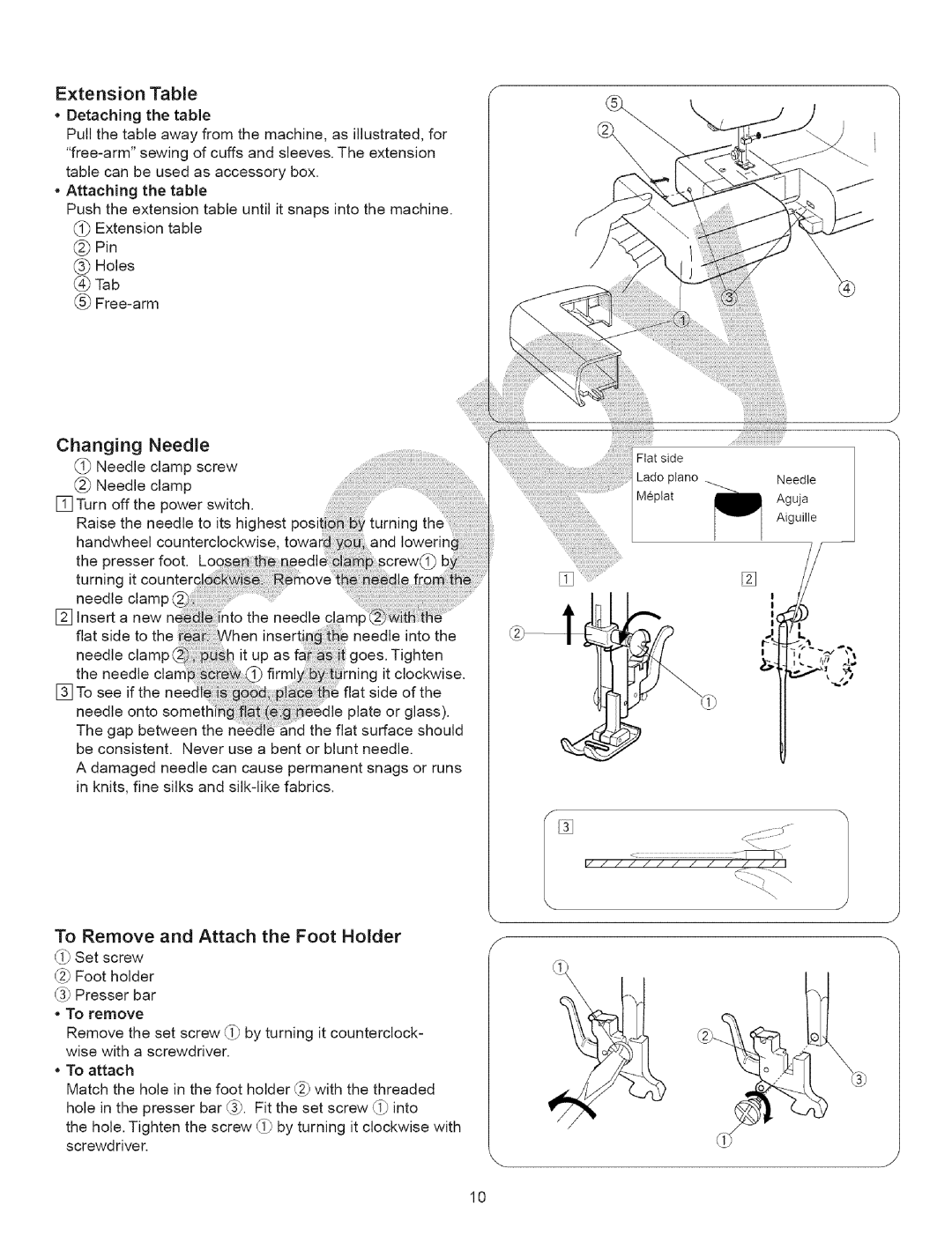 Kenmore 385.15243, 385.15343 owner manual Pin, Extension Table, Changing Needle, To Remove and Attach the Foot Holder 