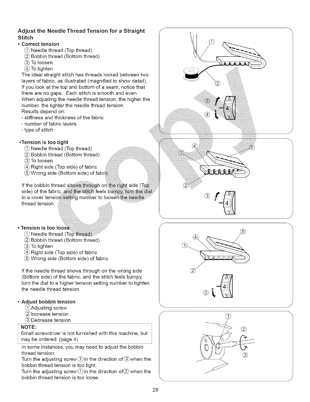 Kenmore 385.15243, 385.15343 owner manual Adjust the NeedleThreadTension for a Straight Stitch, BobbinthreadBottomthread 