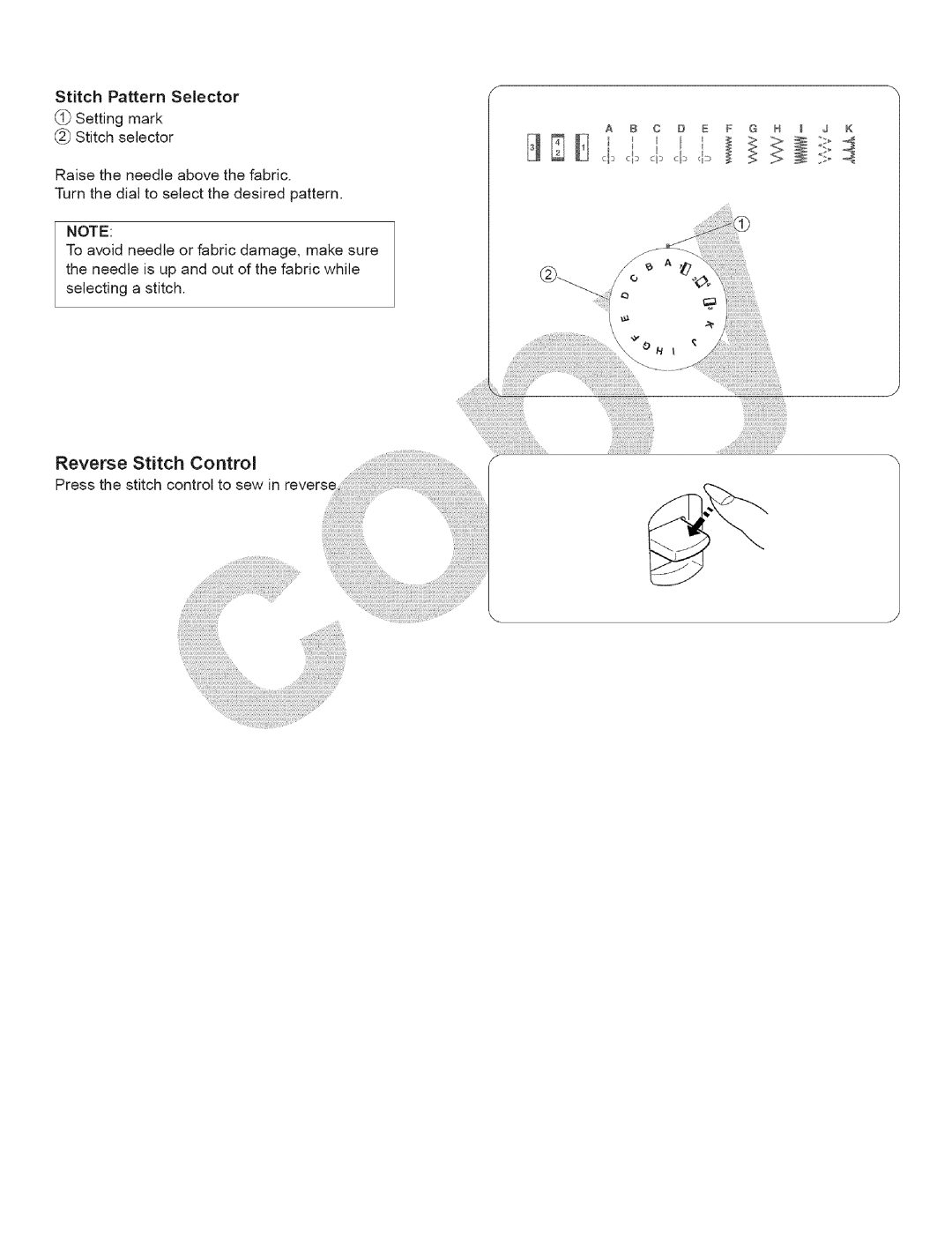 Kenmore 385.15243, 385.15343 Reverse Stitch Control, Stitch Pattern Selector, Press the stitch control to sew in reverse 