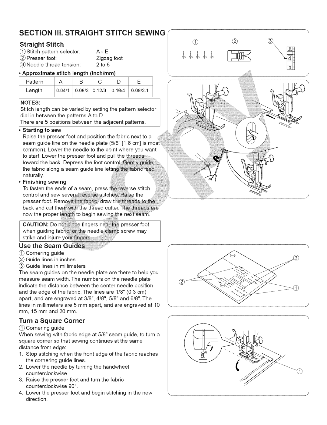 Kenmore 15343, 385.15243 Section ill. Straight Stitch Sewing, Use the Seam, Turn a Square Corner, Length Inch/ram 