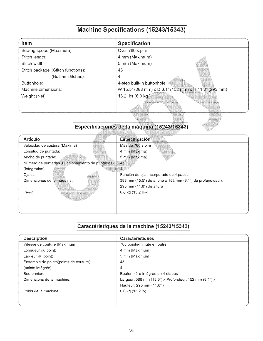 Kenmore 385.15243, 385.15343 owner manual Specifications, Caractristiques, De la machine 15243/15343, Length 