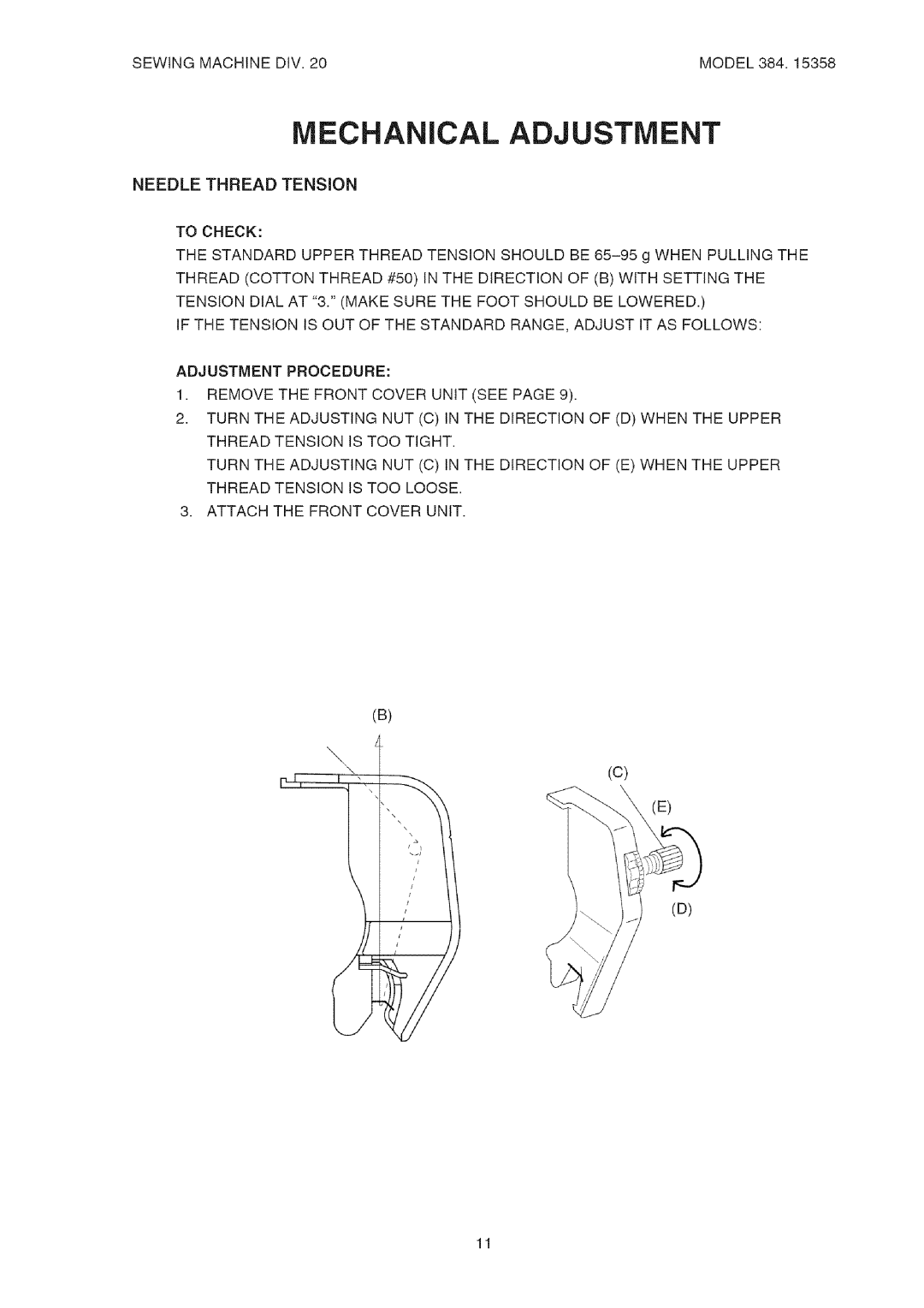 Kenmore 385.15358 service manual Mechanical Adjustment 