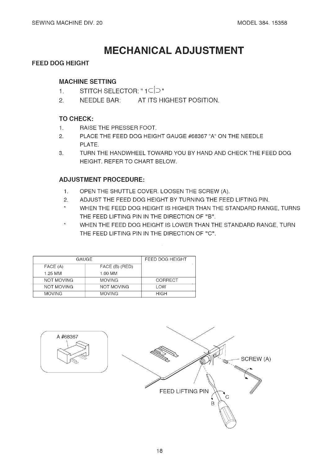 Kenmore 385.15358 service manual Mechanical Adjustment 