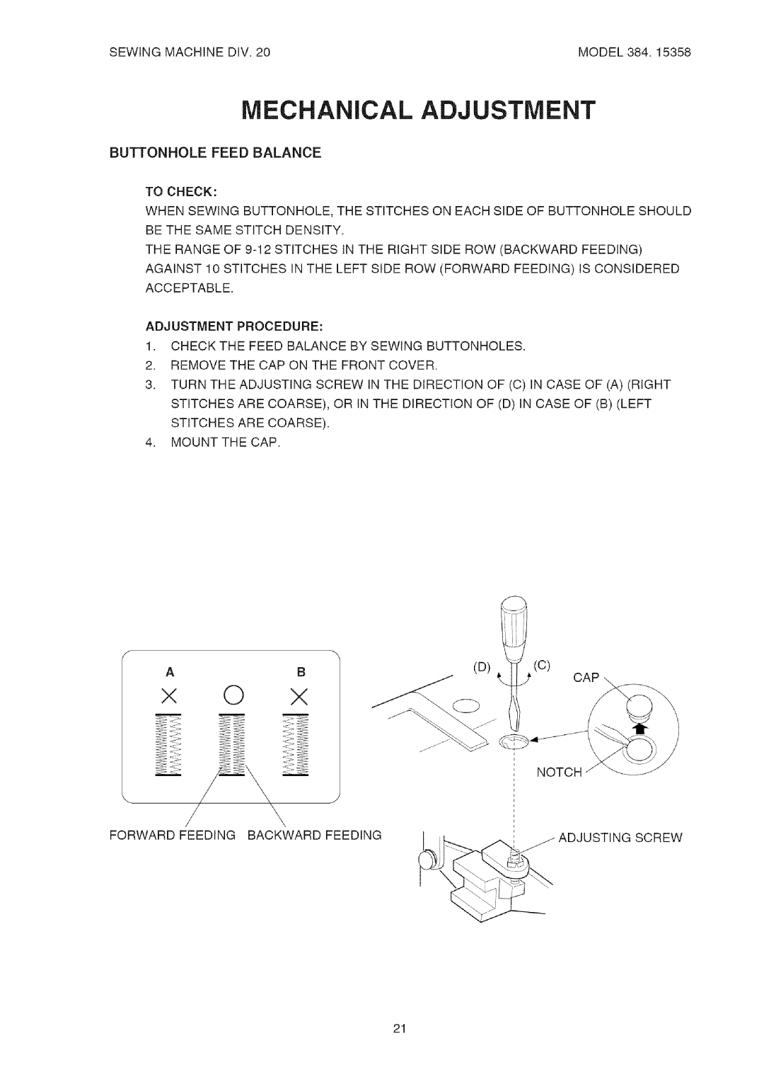 Kenmore 385.15358 service manual Mechanical Adjustment 