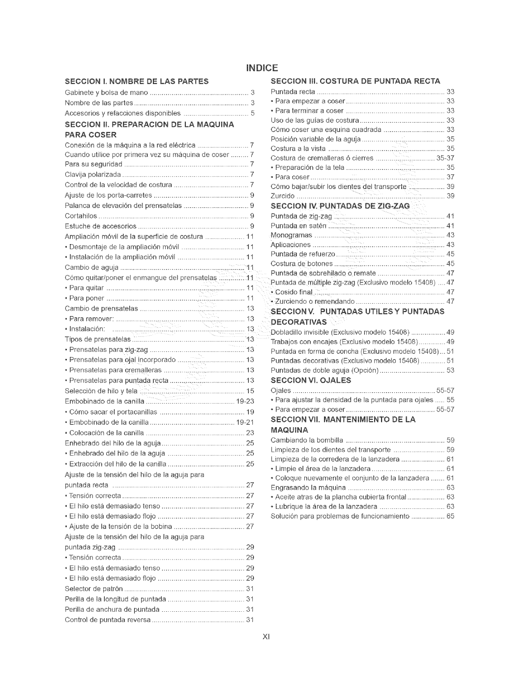 Kenmore 385.15408, 385.15202 owner manual Mndice, Seccion Nombre LAS Partes HL Costura DE Puntada Recta 