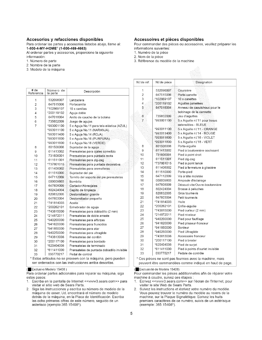 Kenmore 385.15202, 385.15408 owner manual Accesorios y refacciones disponibles, Accessoires et pices disponibles 