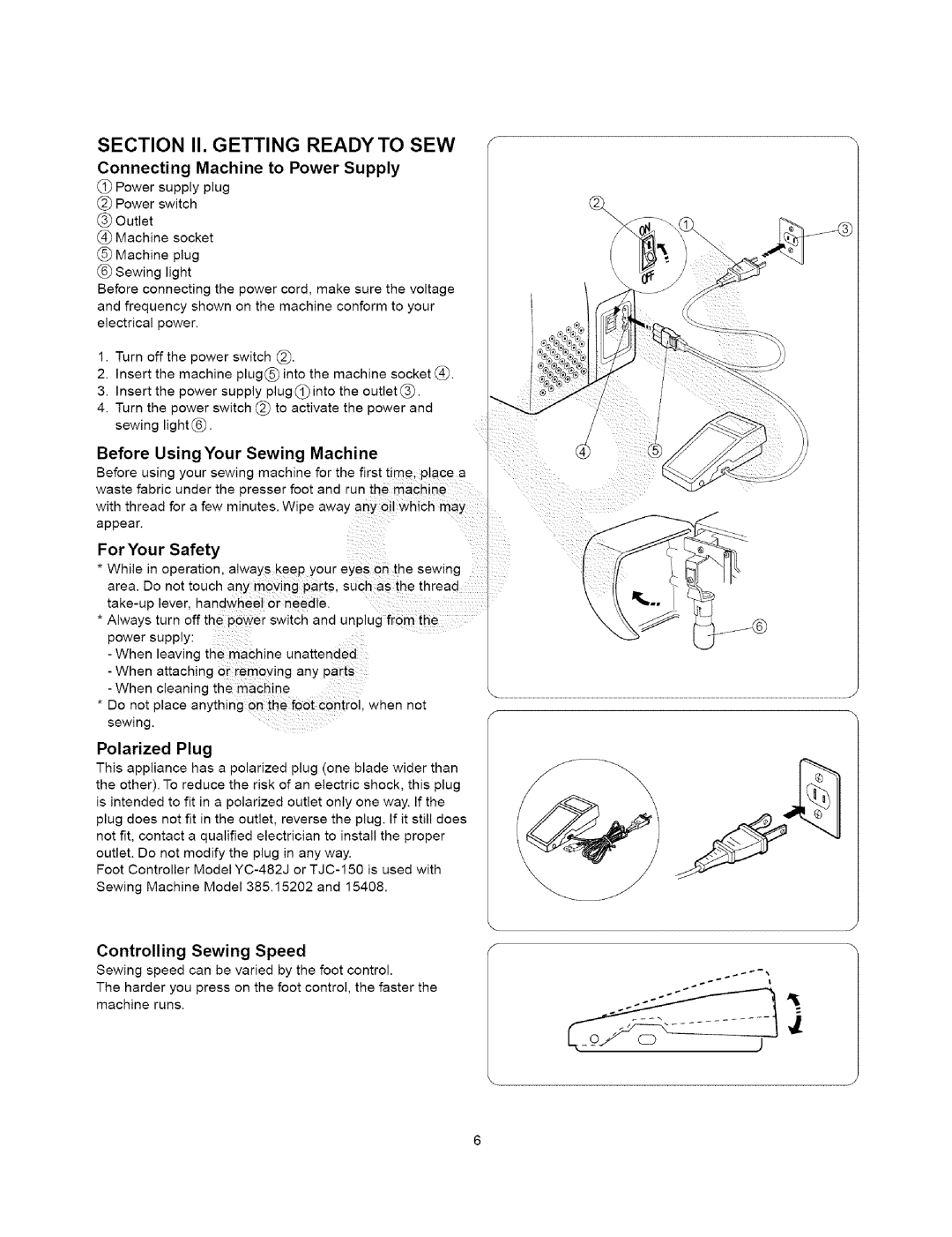 Kenmore 385.15408 Connecting Machine to Power Supply, Before Using Your Sewing Machine, For Your Safety, Polarized Plug 