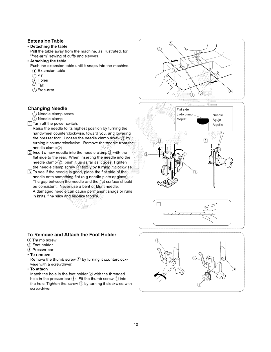 Kenmore 385.15408 Extension Table, @ Tab, Changing Needle, To Remove and Attach the Foot Holder, Detaching the table 