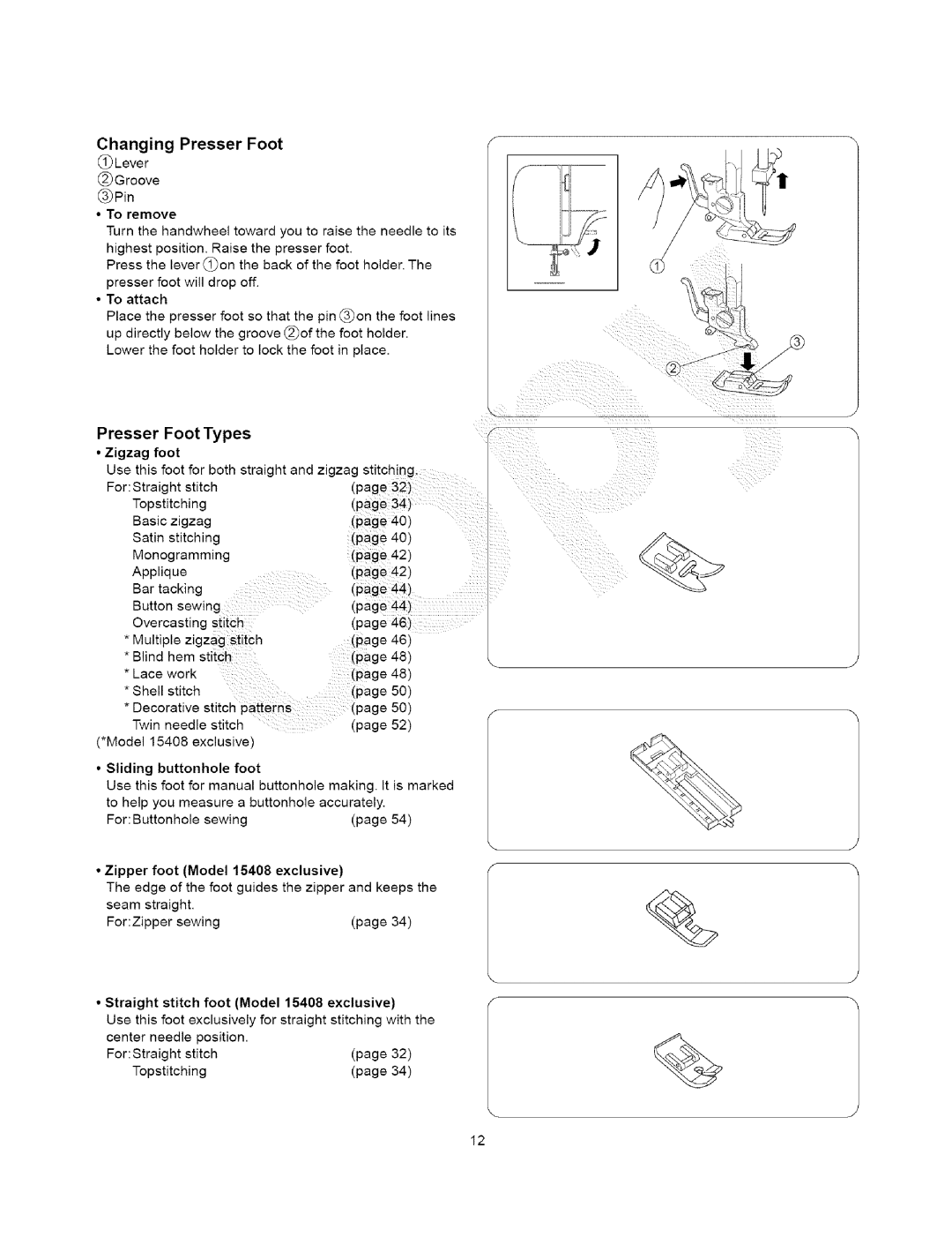 Kenmore 385.15408, 385.15202 owner manual Changing Presser Foot, Types, Zigzag Foot, Sliding 