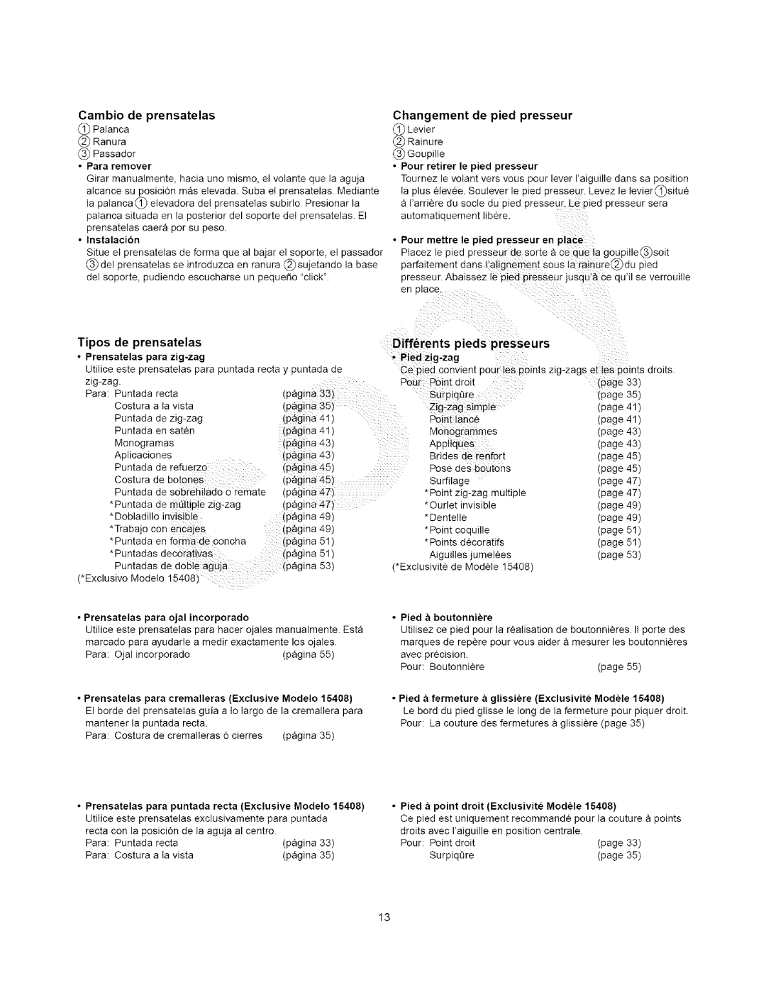 Kenmore 385.15202, 385.15408 owner manual Cambio de prensatelas, Changement de pied presseur, Tipos de prensatelas 