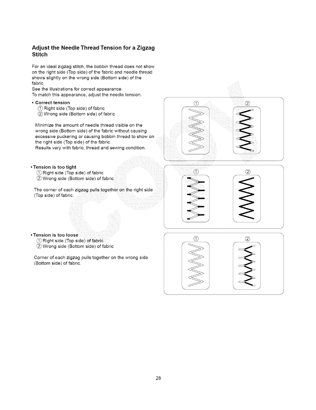 Kenmore 385.15408, 385.15202 owner manual 1D2D, Adjust the Needle Thread Tension for a Zigzag Stitch 