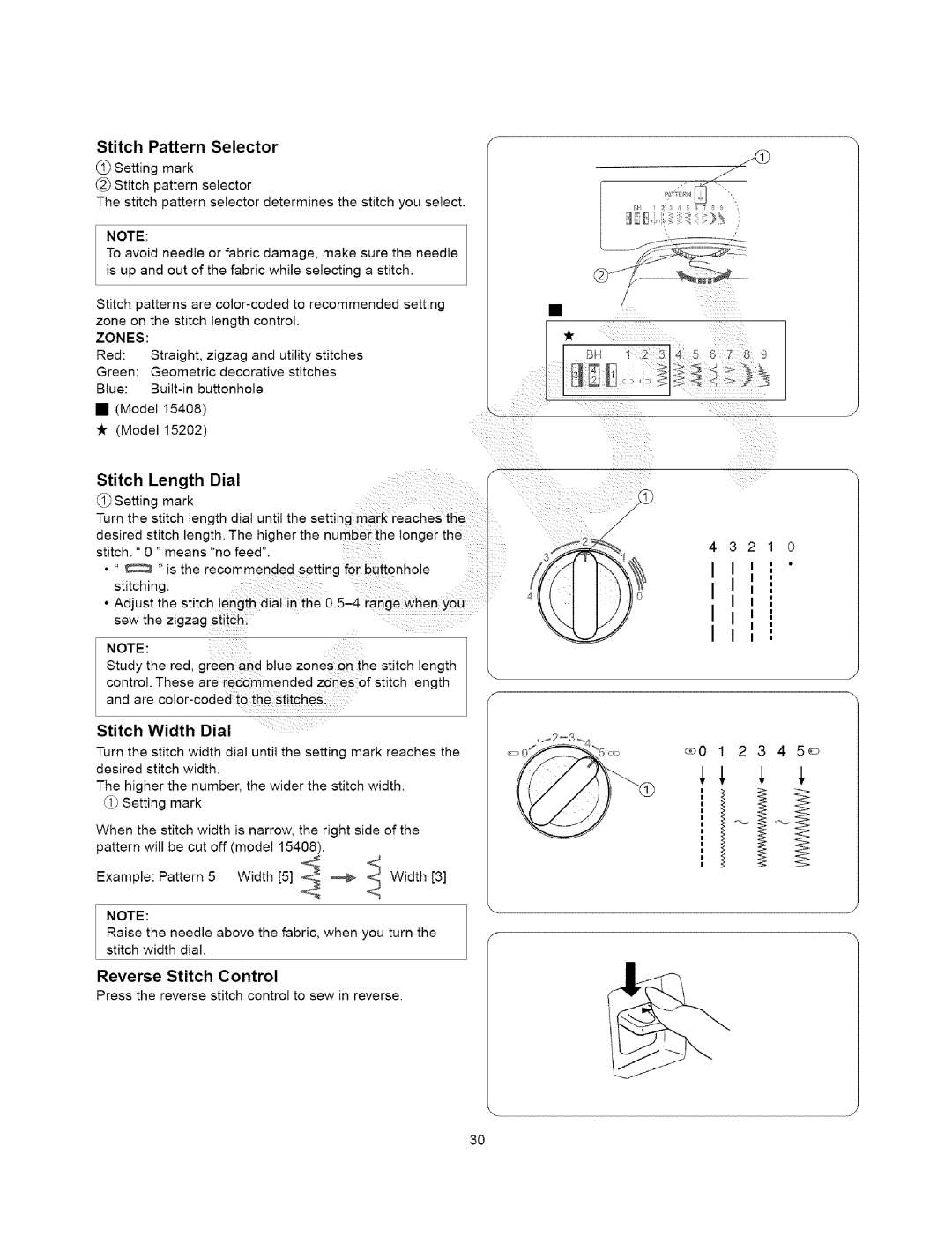 Kenmore 385.15408, 385.15202 owner manual Stitch Pattern Selector, Stitch Width Dial, Reverse Stitch Control 