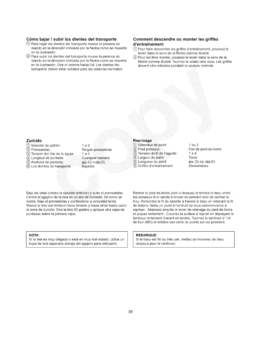 Kenmore 385.15202 Como bajar / subir los dientes del transporte, Comment descendre ou monter les griffes dentrainement 