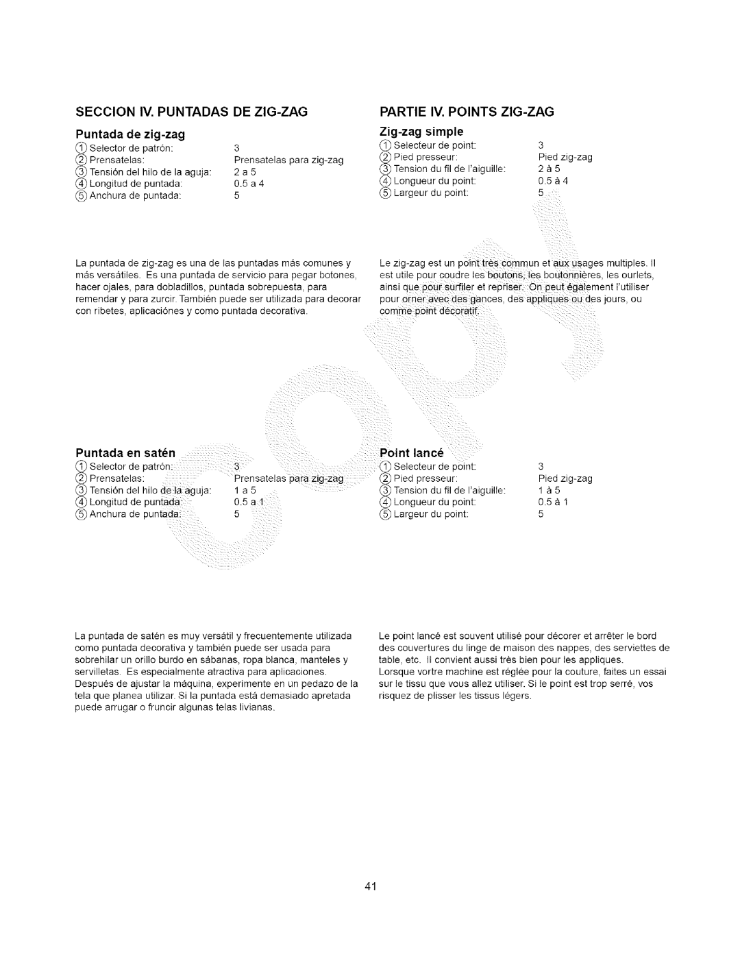 Kenmore 385.15202, 385.15408 owner manual Puntada de zig-zag, Zig-zag simple, Puntada En saten Point lancd 