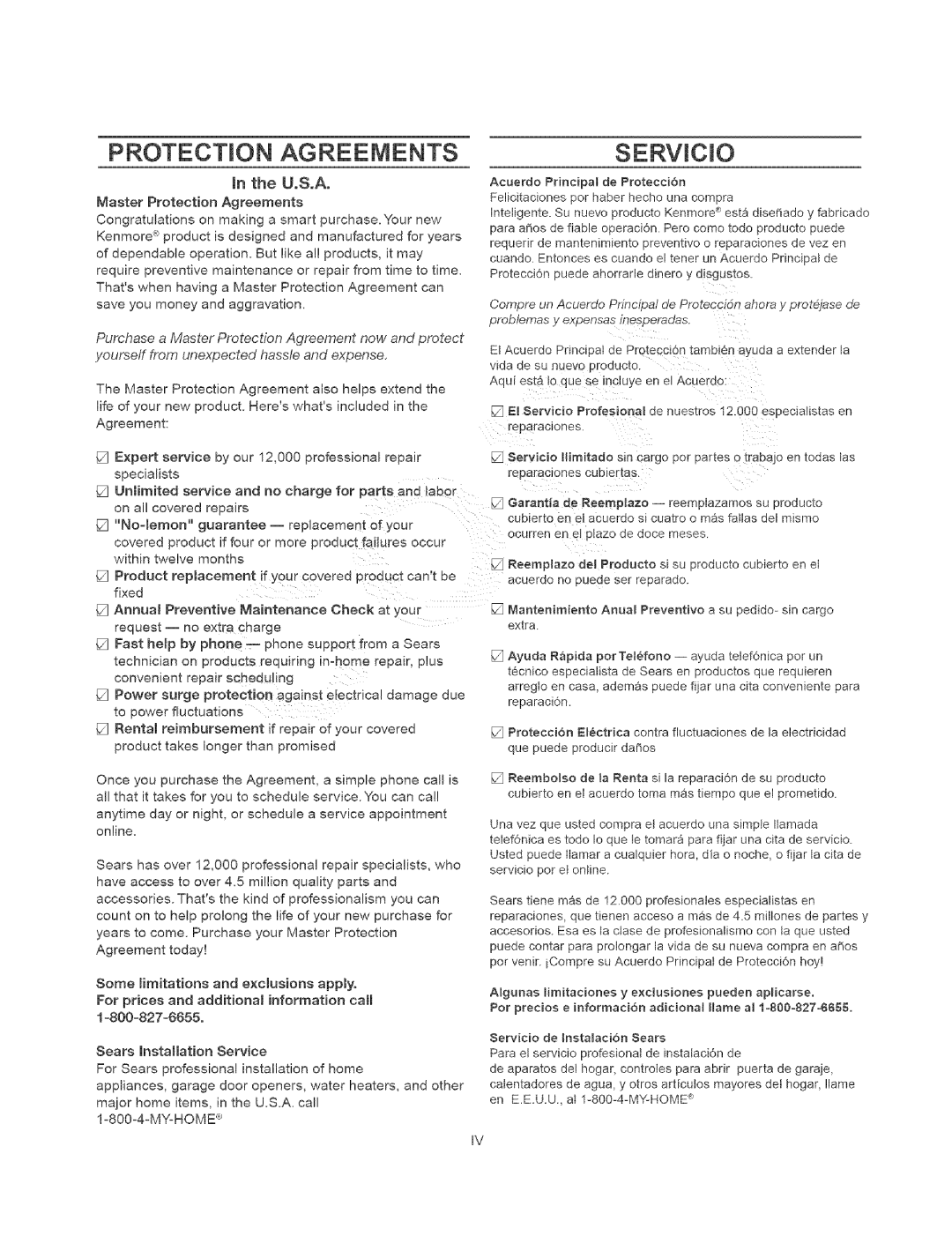 Kenmore 385.15202, 385.15408 owner manual Protection Agreements, U.S.A 