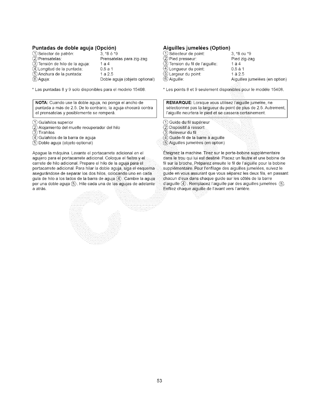 Kenmore 385.15202, 385.15408 owner manual Puntadas de doble aguja Opcion, Aiguilles jumeles Option 