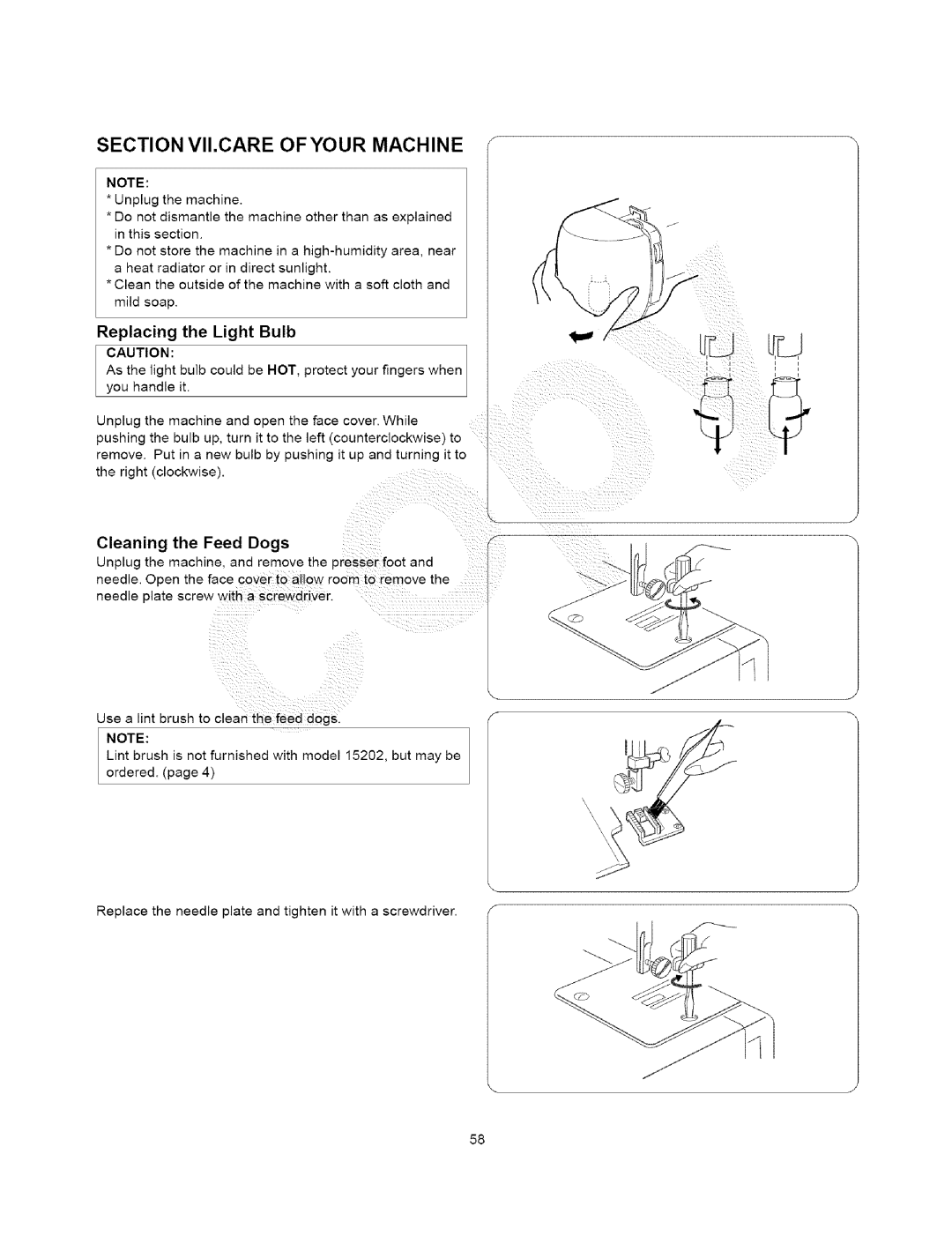 Kenmore 385.15408, 385.15202 owner manual Replacing the Light Bulb, Cleaning the Feed Dogs 