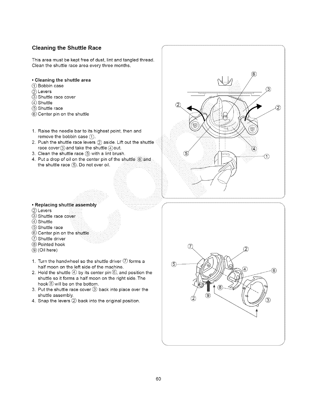 Kenmore 385.15408, 385.15202 Cleaning the Shuttle Race, Cleaning the shuttle area, Replacing shuttle assembly Levers 