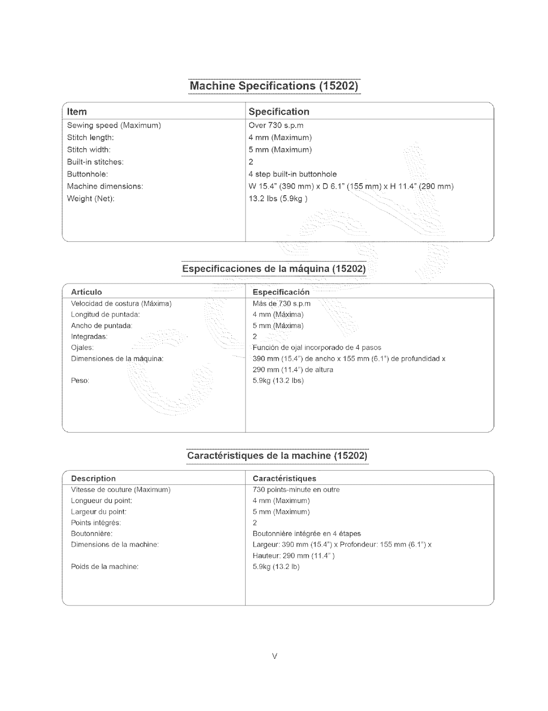 Kenmore 385.15408, 385.15202 owner manual Specification, Especificaciones de a mquJna, Caract6ristiques de a machine 