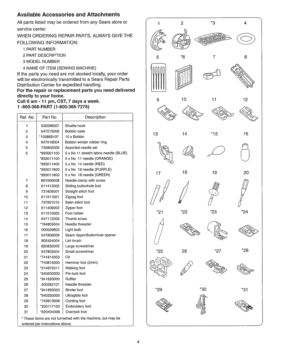 Kenmore 385.15512 owner manual Available Accessories and Attachments, 29*3031 