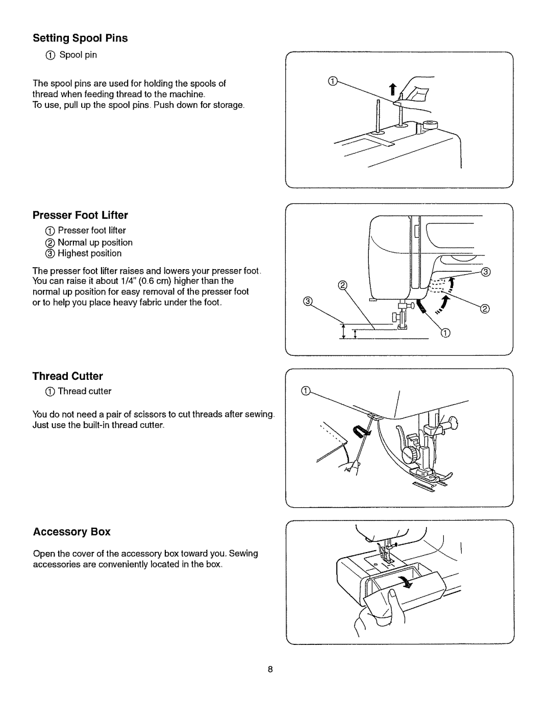 Kenmore 385.15512 owner manual Thread Cutter, Presser Foot Lifter, Accessory Box 