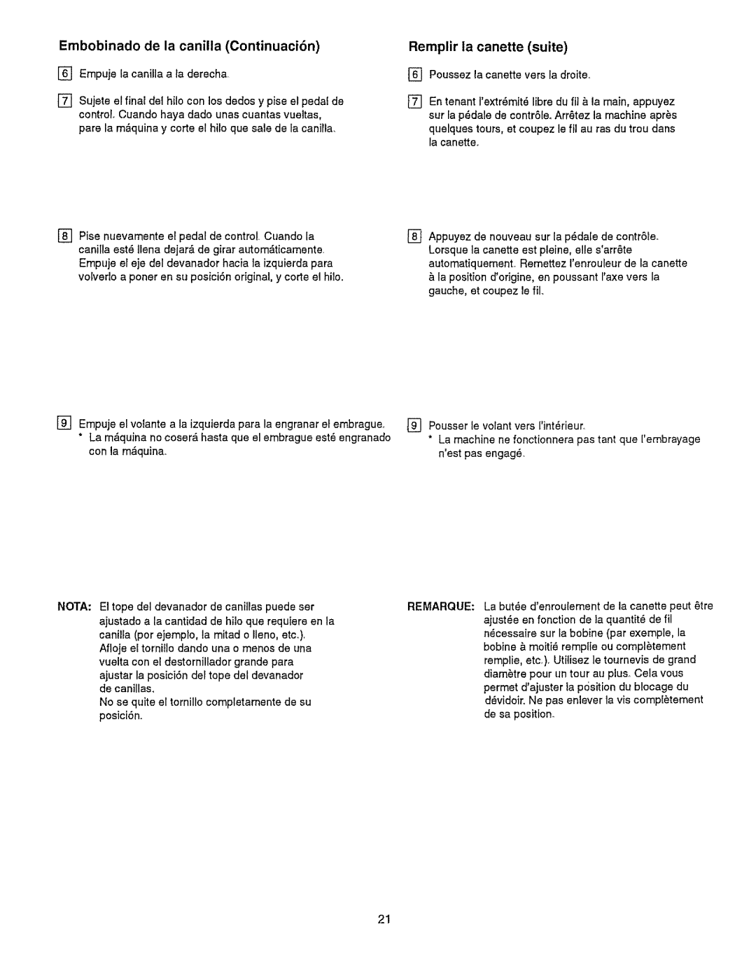 Kenmore 385.15512 owner manual Embobinado de la canilla Continuaci6n, Remplir la canette suite 