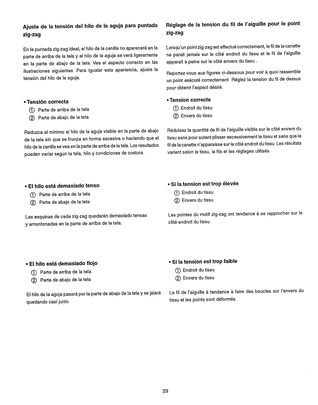 Kenmore 385.15512 Parte de abajo de la tela, Hilo estd demasiado tenso, Si la tension est trop dlevde Endroit du tissu 