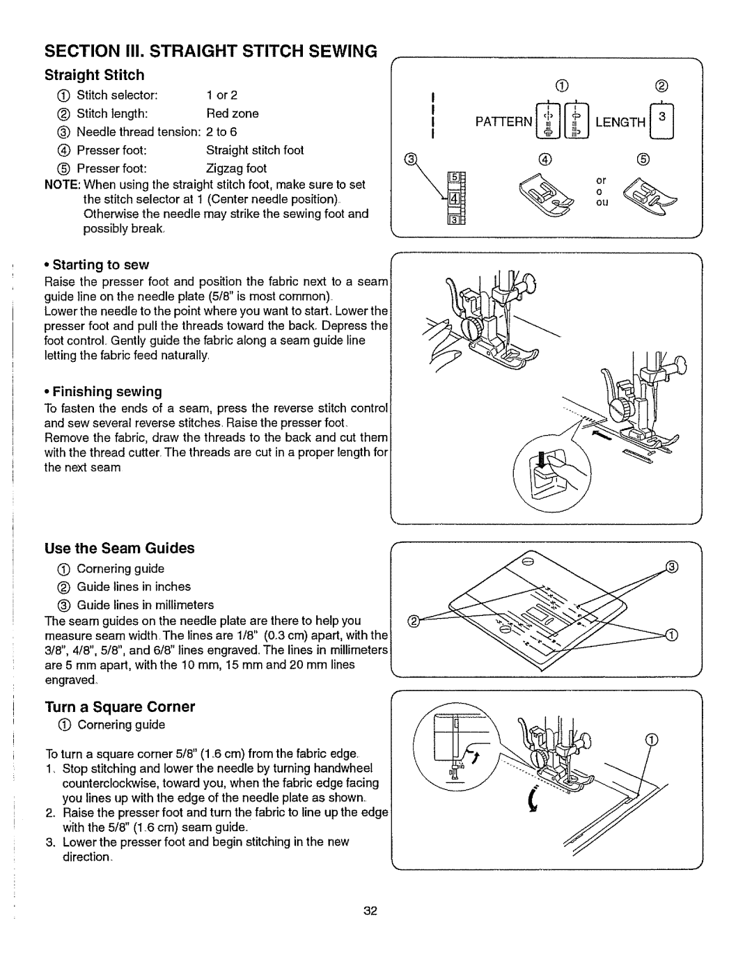 Kenmore 385.15512 owner manual Section II1. Straight Stitch Sewing, Use the Seam Guides, Turn a Square Corner 