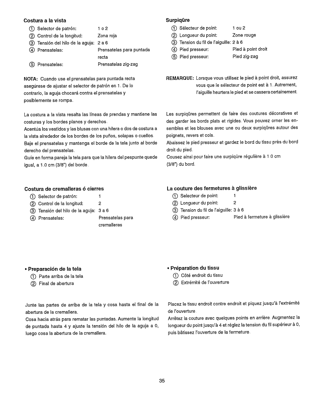 Kenmore 385.15512 owner manual Glissire, Preparaci6n de la tela Preparation du tissu 