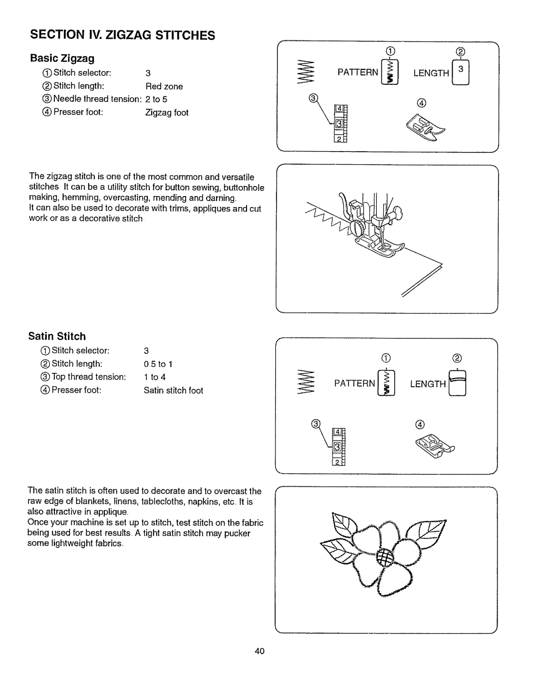 Kenmore 385.15512 owner manual Section, Basic Zigzag, Stitch Selector Length Top thread tension 