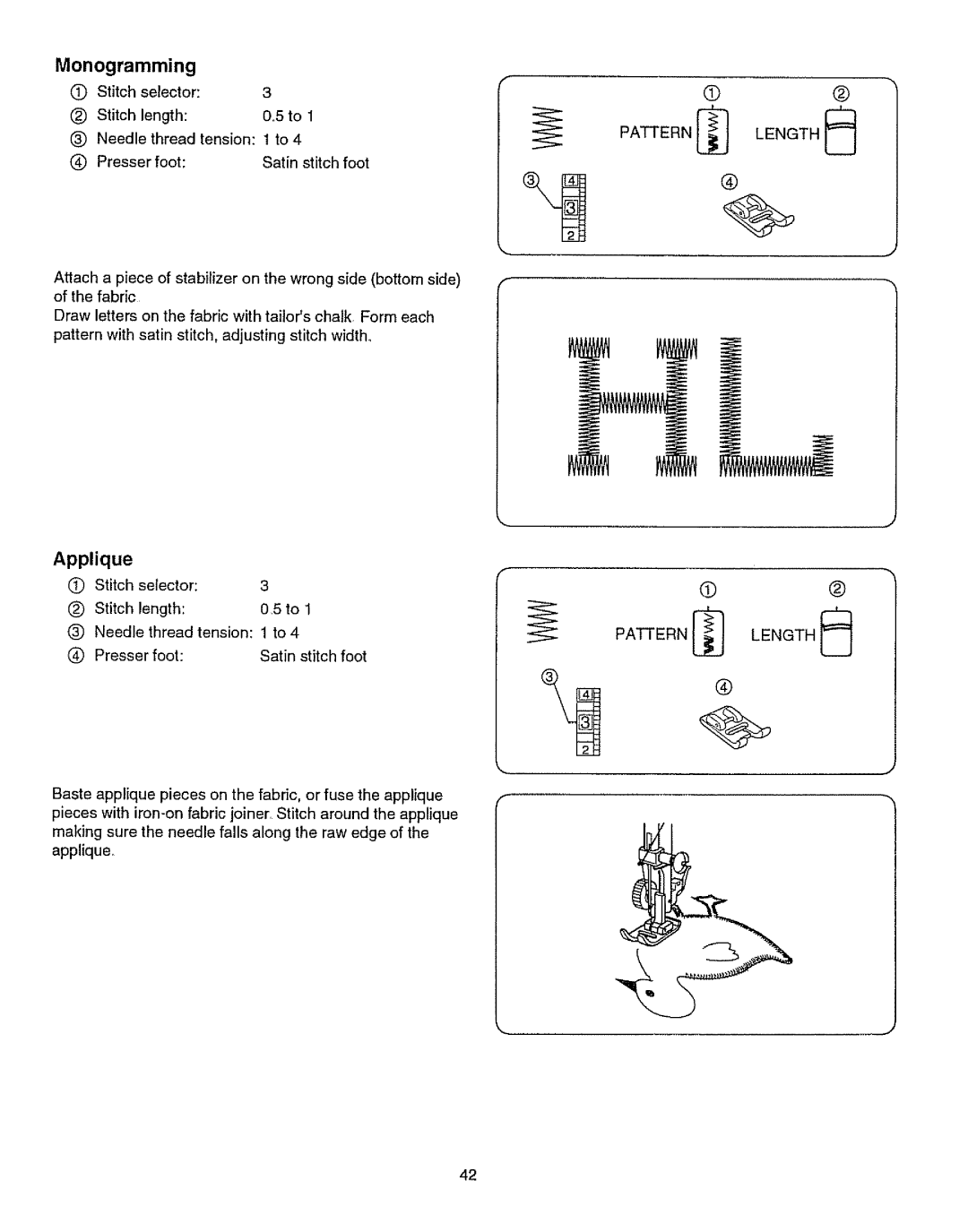 Kenmore 385.15512 owner manual Monogramming, Stitch selector Stitch length Needle thread tension, Applique 