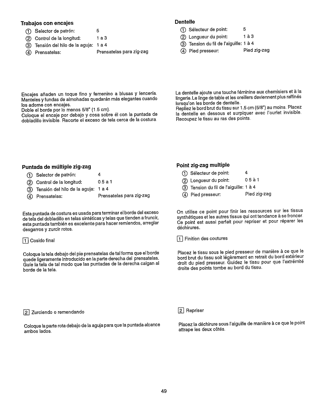 Kenmore 385.15512 owner manual Trabajos con encajes, Puntada de mttltiple zig-zag, Point Zig-zag multiple 